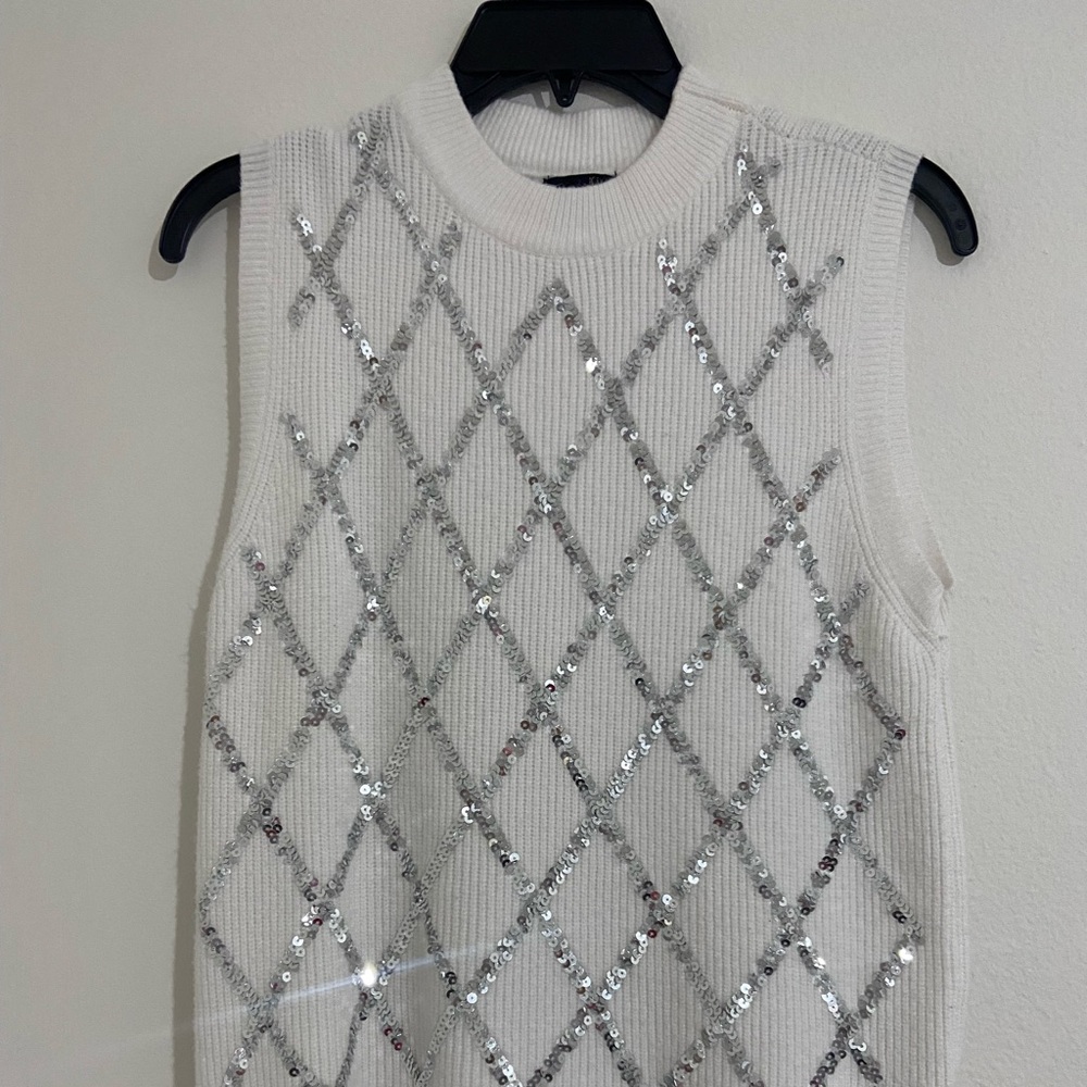 OntWelfth Stylish White Tank Top with Silver Sequin Design